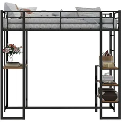 MODFU Hochbettgestell aus Eisen in Schwarz, Liegefläche 90x190 cm, mit Schreibtisch, beidseitigen Leitern und Stauraum