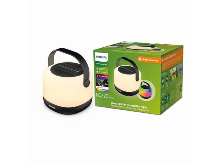 Lampe solaire portable Philips Alula\, 3000K et changement de couleur RVB\, câble de chargement USB\, IP44\, noir et blanc