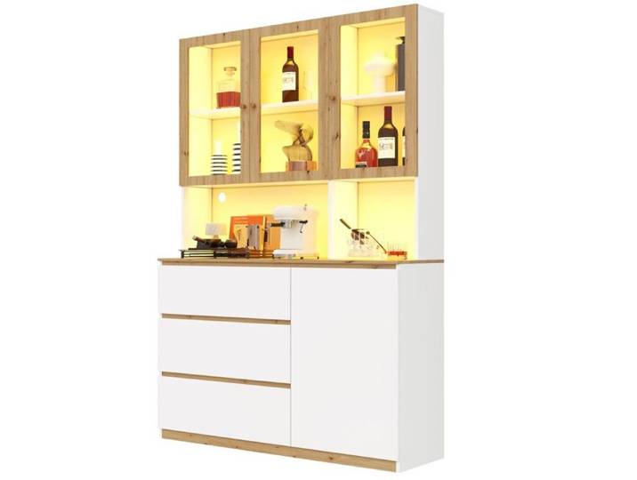 Vitrine Armoire Haute Blanc Chêne 120x40x200cm LED Plan De Travail Prolongé Multifonction Pour Cuisine Et Bibliothèque