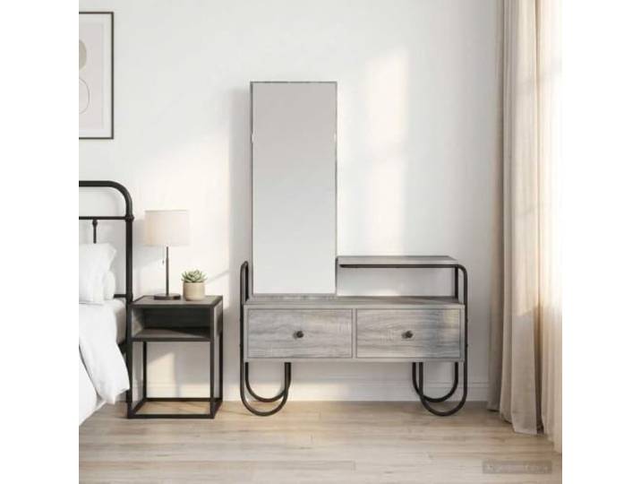 TUERYAFEK Schminktisch mit Schubladen und Regal Grau Holzwerkstoff Stabiler Rahmen, Fußschutz, Wandbefestigung, zeitgenössisches Design, praktische Aufbewahrung