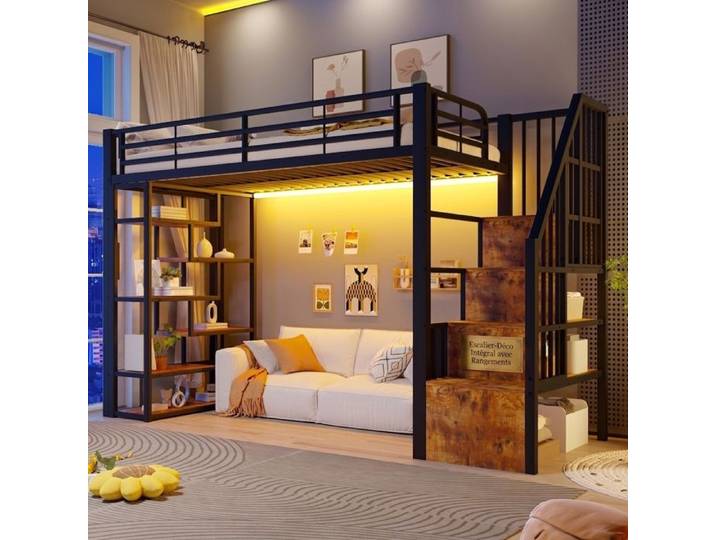 Lit Mezzanine 90x200 Métal Noir avec Escalier Rangement LED Lit Surélevé Ado Chambre Enfant Rentrée Scolaire Gain de Place Norevia