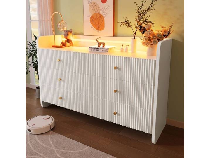 Buffet commode - 120 x 40 x 75 cm - 6 tiroirs - Design rainures ondulées - Éclairage LED réglable