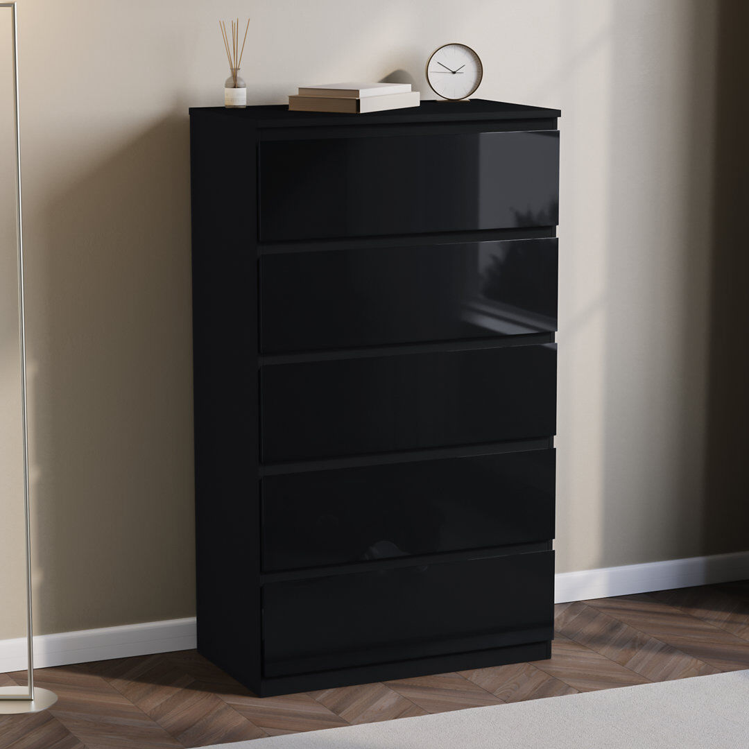 17 Stories Oslo 5 Drawer High Gloss Chest, (FSC 100%), Bedroom Home Storage Furniture Black 112cm H X 70cm W X 40cm D