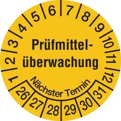 König Werbeanlagen Prüfplakette ab 26, Prüfmittelüberwachung Nächster Termin, gelb/schwarz, Folie, Ø 20mm - Bogen = 10 Stk. - 20 mm Folie selbstklebend