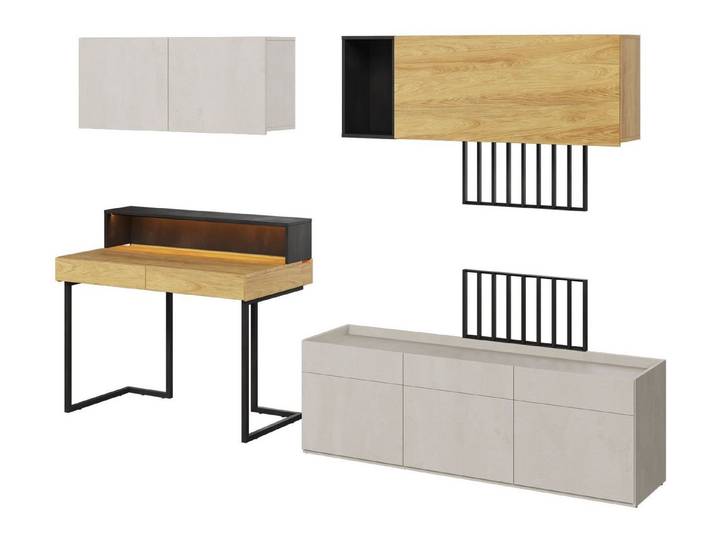 Feldmann-Wohnen Schreibtisch Teen Flex (Teen Flex, Kinderzimmer-Set), 8-teilig Hickory Natur betonfarben Raw Steel