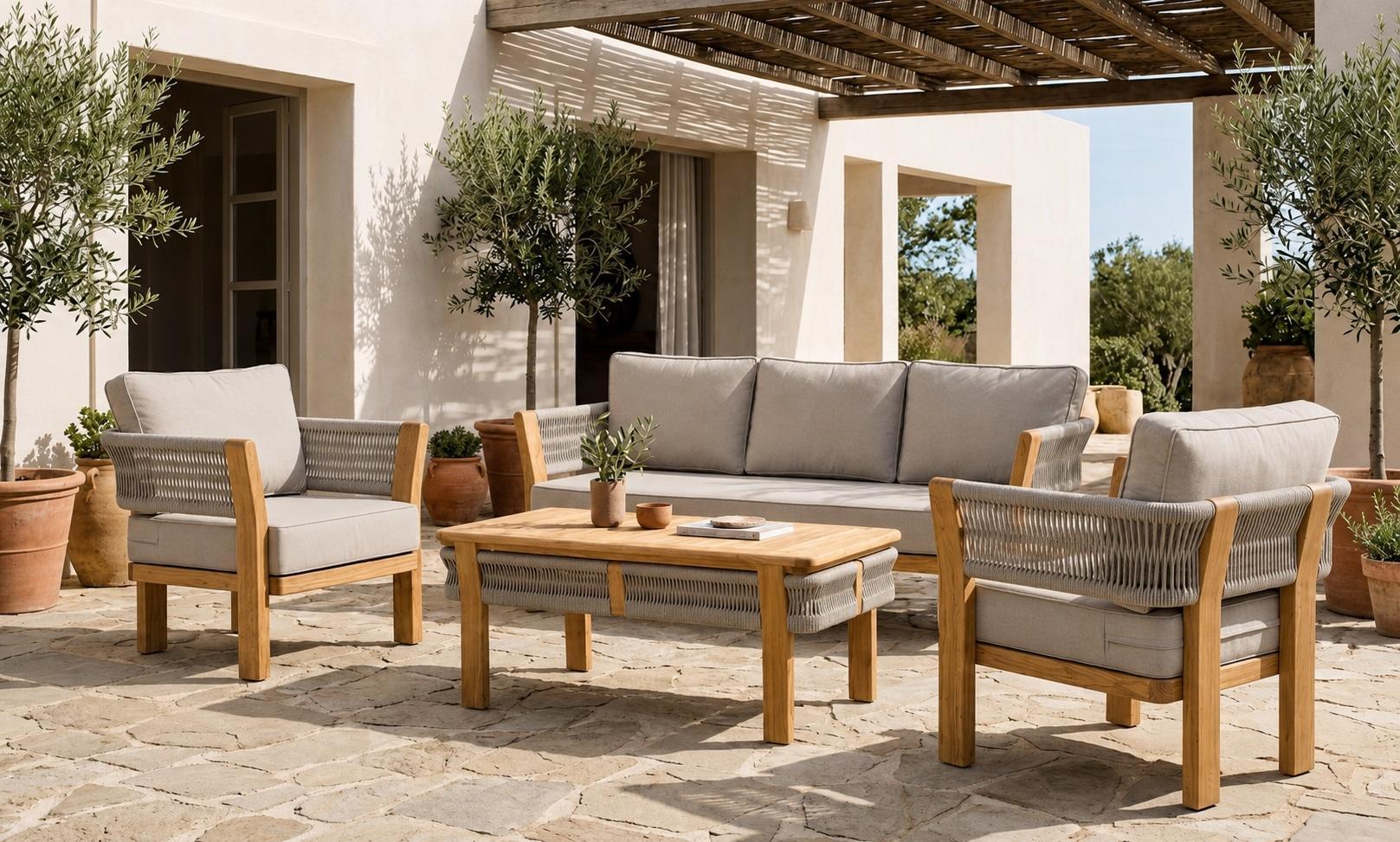 Gartenlounge Set 3-Sitzer sofa Sessel Beige Kissen Modern Couchtisch