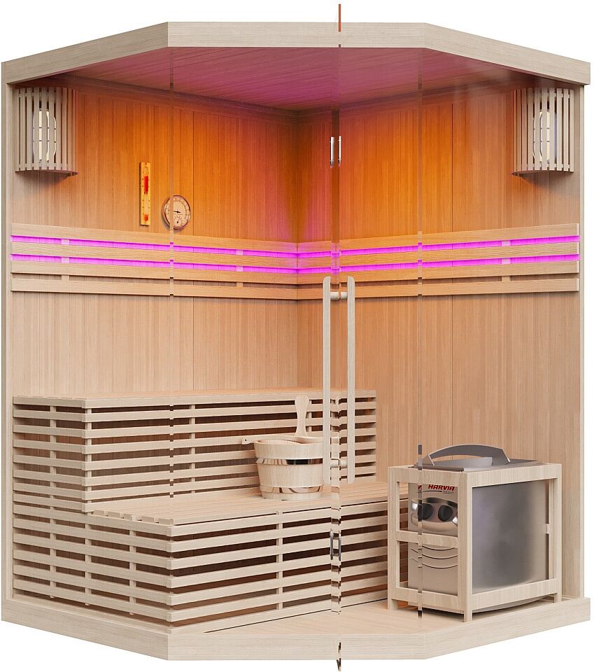 Vente-unique Finnische Eck-Sauna verglast mit LED-Beleuchtung und 6-KW-Ofen – 3/4 Personen – B150 x T150 x H200 – KALSOY