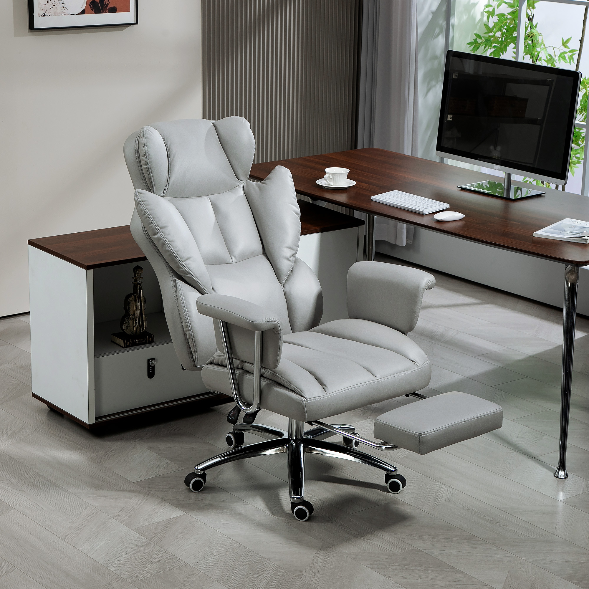 Homcom Sedia da ufficio ergonomica, imbottita, con poggiapiedi, schienale regolabile, 360° girevole, Grigio Chiaro