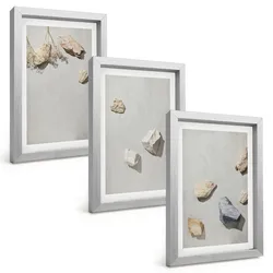 BILDER SET 3er Set - 20x30 cm Silberner Rahmen - Boho-Stranddekorationen aus Steinen