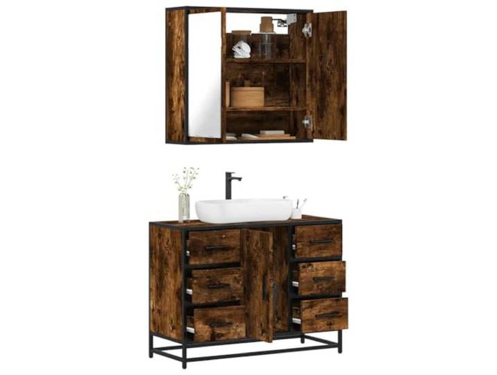 HWKQEQRF 2-TLG. Badmöbel-Set Räuchereiche Holzwerkstoff Metallgestell,Lowboard,Waschbeckenunterschrank,Spiegelschrank,Wandmontage,Stauraum,Badezimmer