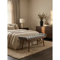 Sitzbank – Stoff/Massivholz, 125x51x38 cm, Grau, Chesterfield-Design