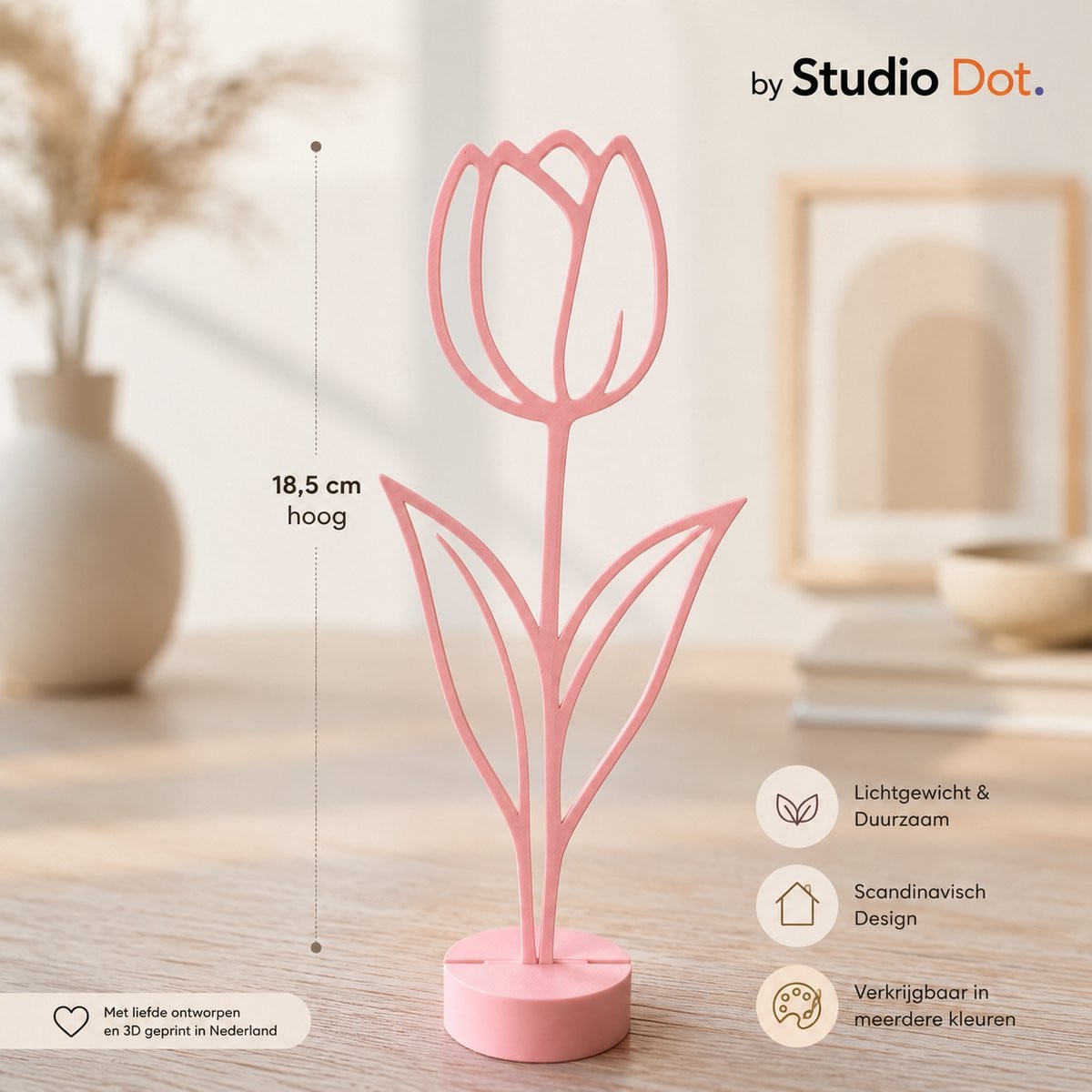 Studio Dot Tulp Decoratie Bloem Beeldje Minimalistisch Licht Roze met Standaard Hoogte: 18,5 cm
