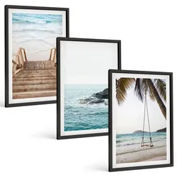 BILDER SET 3er Set - 40x60 cm Schwarzer Rahmen - Treppe Strand Meer Schaukel