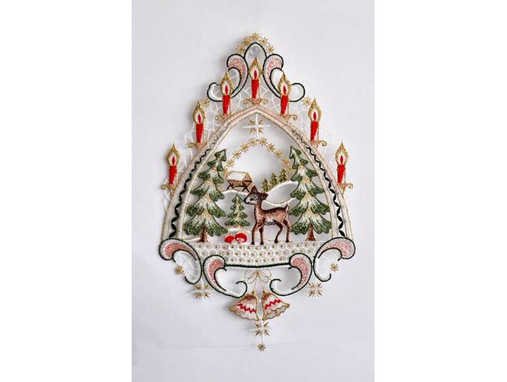 Fensterbild STICKEREIEN PLAUEN Reh im Wald , bunt, B:20cm H:32cm, Polyester, Fensterbilder, Fensterbild