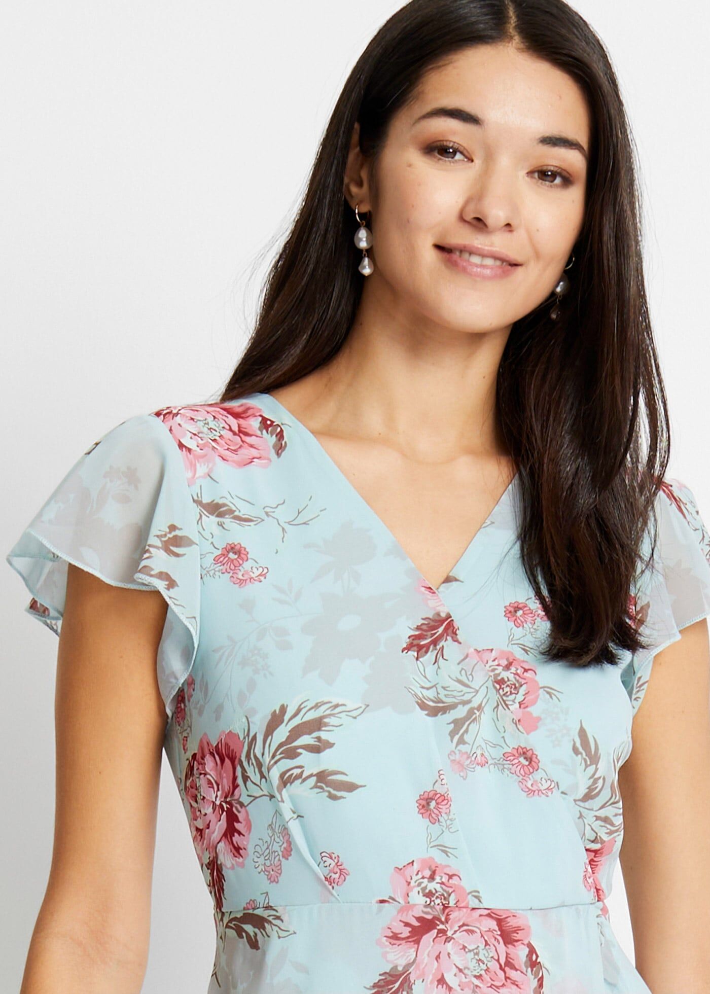 Chiffonkleid BONPRIX, Damen, Gr. 46, N-Gr, blau (hellblau geblümt), Obermaterial: 100% Polyester. Futter: 100% Polyester, ausgestellt, Kleider Chiffonkleid, für eleganten Anlass, aus Polyester, ausgestellte Passform hellblau geblümt 46, N-Gr