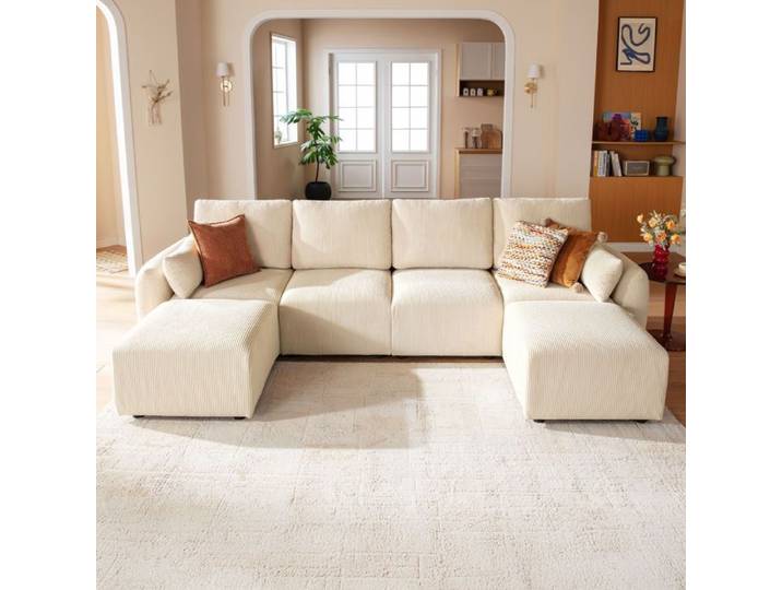 JINOVIA Canapé modulable en U 4 places avec ottomans en velours côtelé – Beige