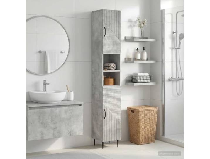 Badezimmerschrank HAARLEM mit offenem Regal, Betongrau, Holzwerkstoff Offenes Regal, umkehrbare Tür, feuchtigkeitsbeständig, platzsparend, modernes Design, pflegeleichte Oberfläche
