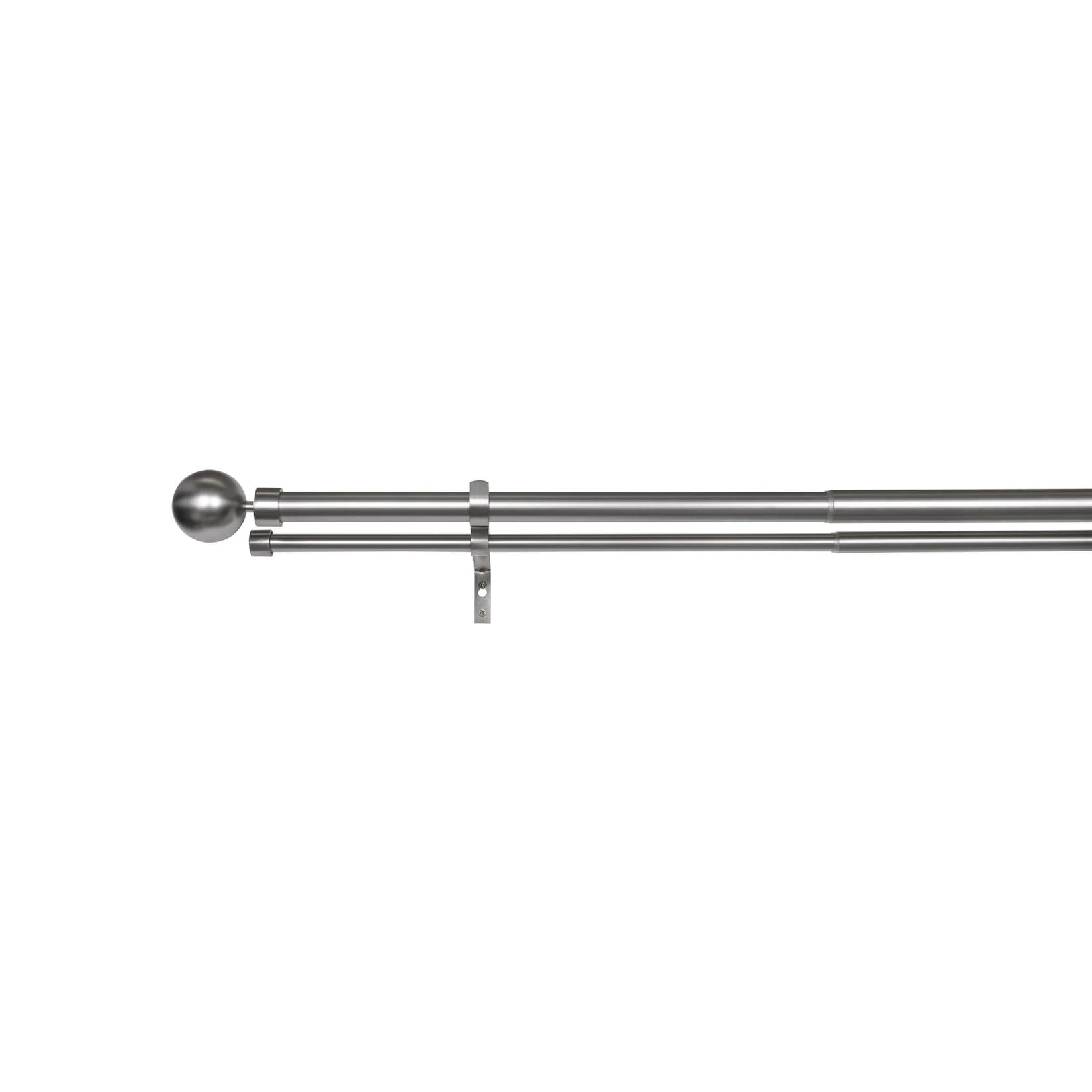 Ondeco Gardinenstange ausziehbar 1-lauf - 2-lauf Wandmontage Endstück Kugel 25/28 mm Farbe: Edelstahl-Optik, Größe: 190-360 cm 2-lauf