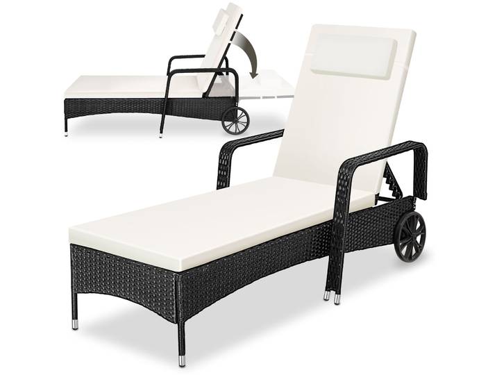 Wicker ligbed met wielen - zwart/beige