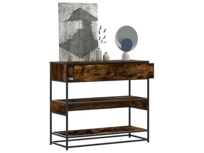HEFZGDB Konsolentisch Räuchereiche 90x35x80 cm Holzwerkstoff mit Metallgestell, Stauraum Schubladen Ablagen für Wohnzimmer Schlafzimmer Flure, Stabiler Beistelltisch Sideboard