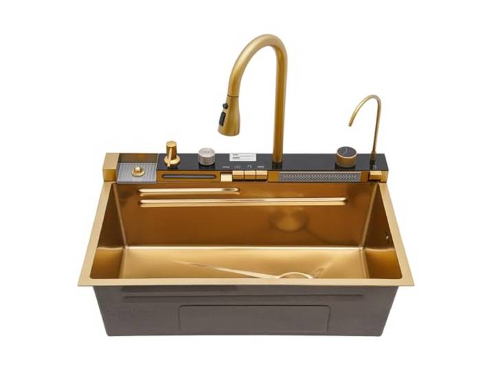 CAIYGG Küchenspüle 75x46x22cm Edelstahl Gold mit Digitaldisplay Multifunktionaler Küchenspülbecken mit Temperaturregelung, Ausziehbarer Wasserhahn, Praktischer Tassenbürste für moderne Küch