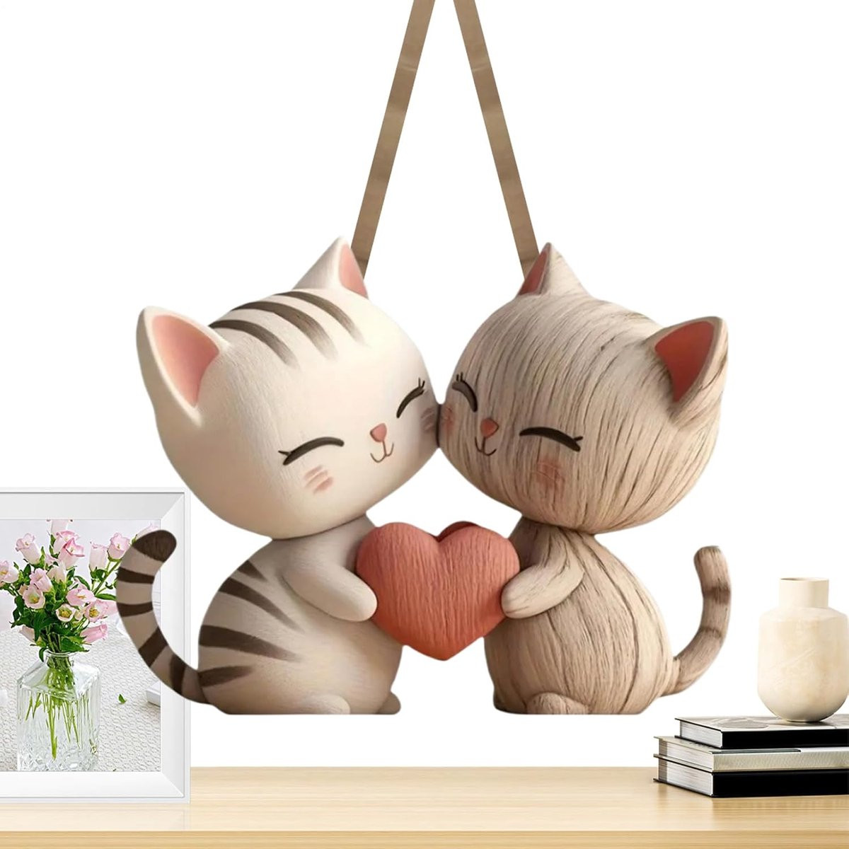 Kattenbeeld Decoratie Romantisch Houten Paar Figuren 2D Stijl Hoogte: 10 cm