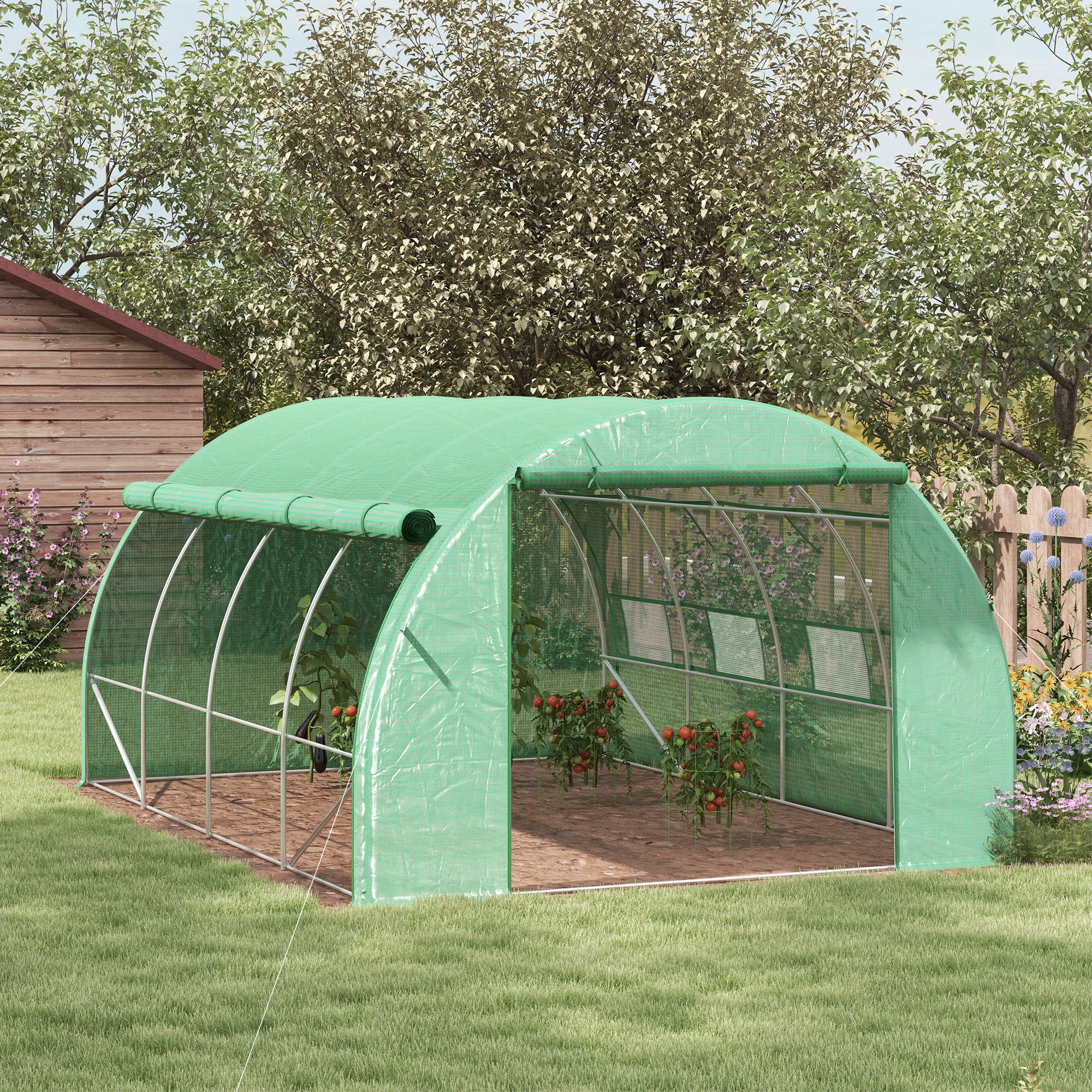 Outsunny Serra in pellicola, Tunnel, percorribile, finestra a rete, telaio in metallo, 4x3x2m, Verde
