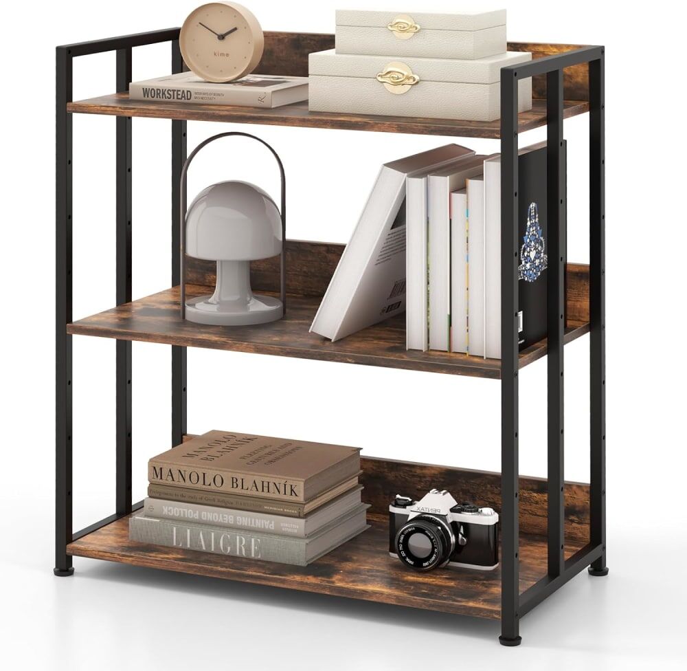 Giantex Bibliothèque à 3 niveaux avec étagère réglable cadre en métal Marron 70x81x35cm