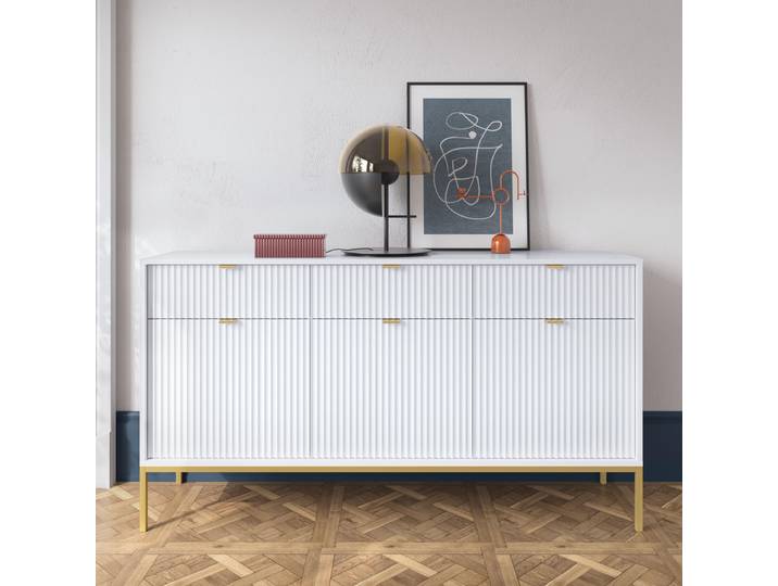 Weiße Moderne Geriffelte Kommode KIOTO K3D3SZ Gold Gestell Schrank Sideboard