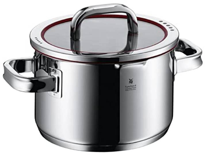 WMF Function 4 Kochtopf groß 20cm, Glasdeckel, Fleischtopf Induktion 3,4l, Cromargan Edelstahl poliert, 4 Abgießfunktionen, Innenskalierung, rot