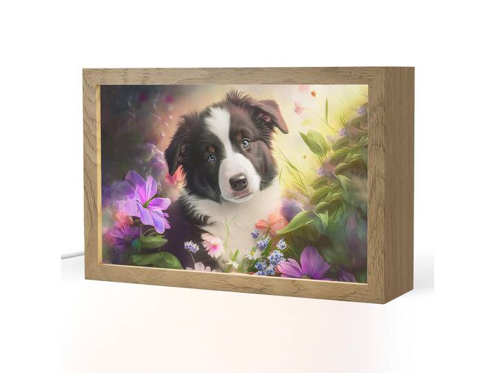 OnlyWow Nachttischlampe - Welpe - Sonne - Blumen - Natur - Border Collie - Hund - 30x20 cm, Violett, Holzwerkstoff, Rechteckig, LED integriert, 30x20x8 cm, Lampen & Leuchten, Innenbeleuchtung, Nachtlicht