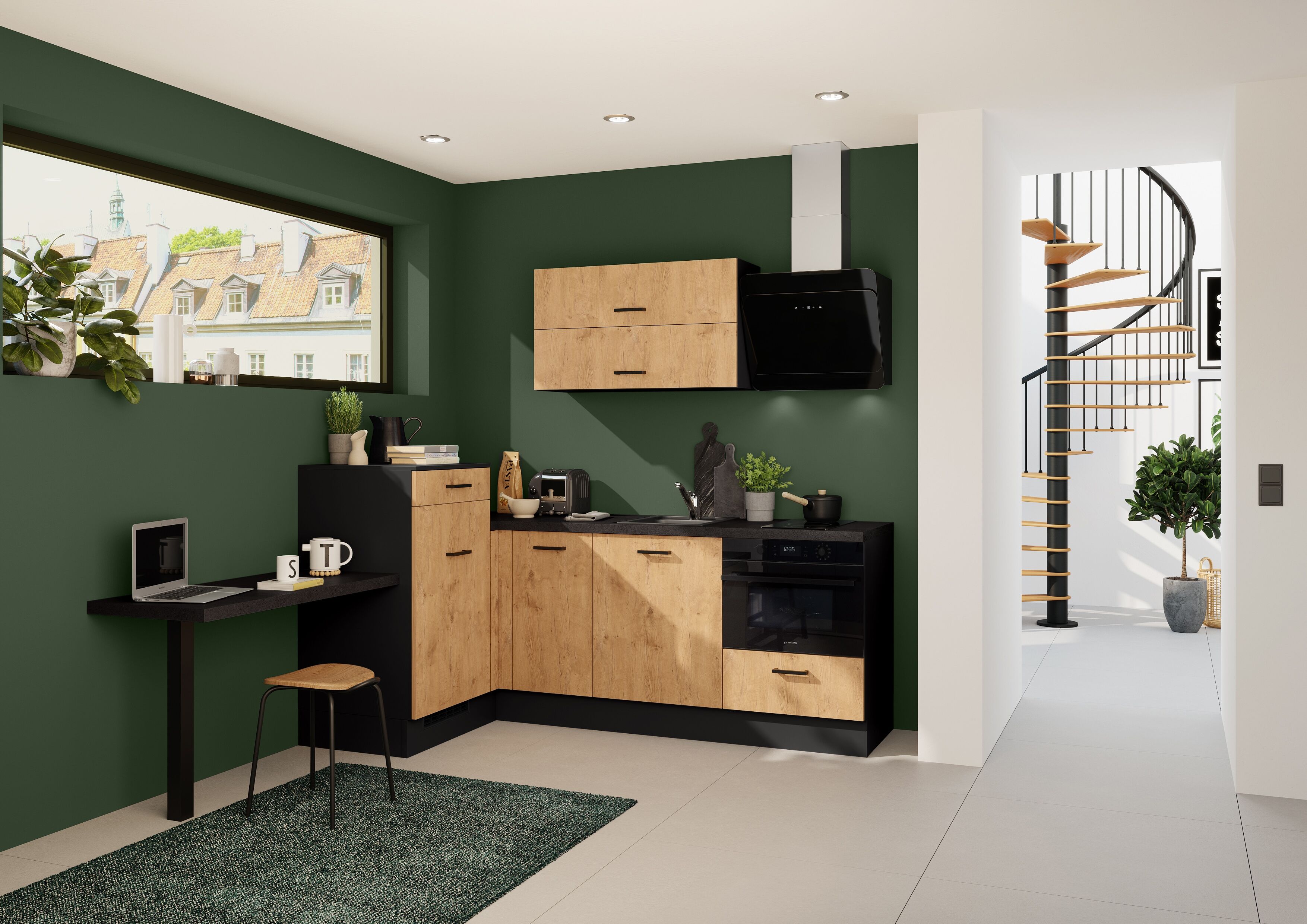 Winkelküche IMPULS KÜCHEN "Amsterdam" mit zusätzlicher Arbeits- & Stellfläche, vormontiert", braun (küche: braun, korpus: schwarz, arbeitsplatte: schieferstruktur schwarz), B:350cm H:206,2cm T:60cm, Komplettküchen-Sets, Winkelküche, Ausrichtung wählbar, w