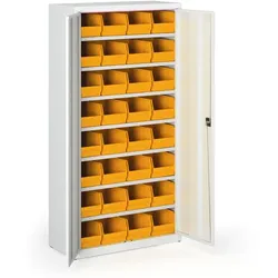 Schrank mit Sichtlagerkästen BASIC - 1800 x 400 x 920 mm, 32xC, grau/graue Tür