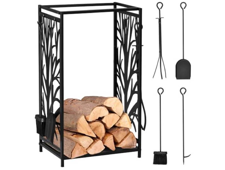 HOMCOM Kaminholzregal für innen Stahl Brennholzregal 46x30x70cm Schwarz 4 Kaminwerkzeug Haken, Kaminbesteck Set, Kaminholzständer für Kamin Ofen, Feuerholzregal, Kaminholzhalter für Feuerholz