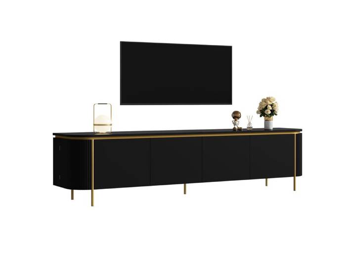 VUENOR Meuble TV 180x38x46 cm noir – 6 portes passages de câbles intégrés pieds métal dorés