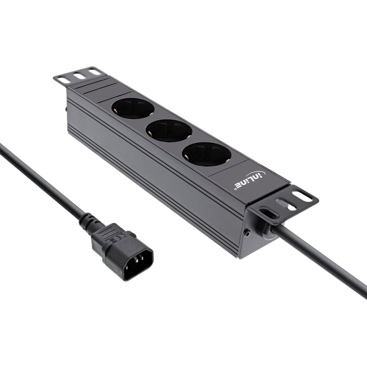 2.00m InLine 10" Steckdosenleiste, 3-fach Schutzkontakt, C14 Anschluss, ohne Schalter, schwarz