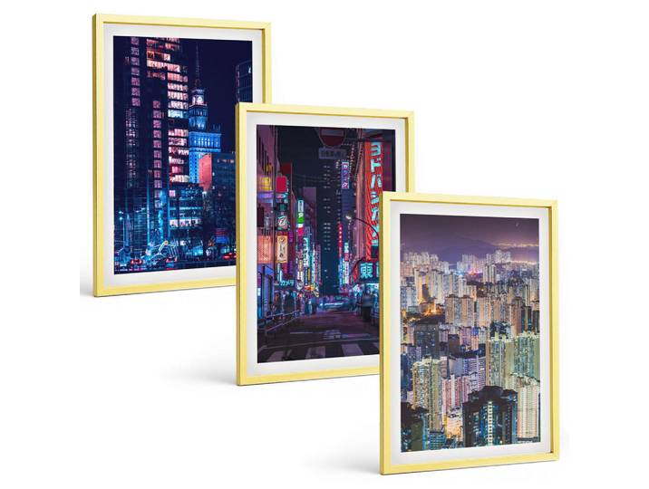 Tulup Bilder SET 3er Set - 40x60 cm Goldrahmen - Neonlichter der nächtlichen Stadt, Goldfarben, Kunststoff, Rechteckig, 40x60 cm, Fotografie, Bilder & Rahmen, Bilder