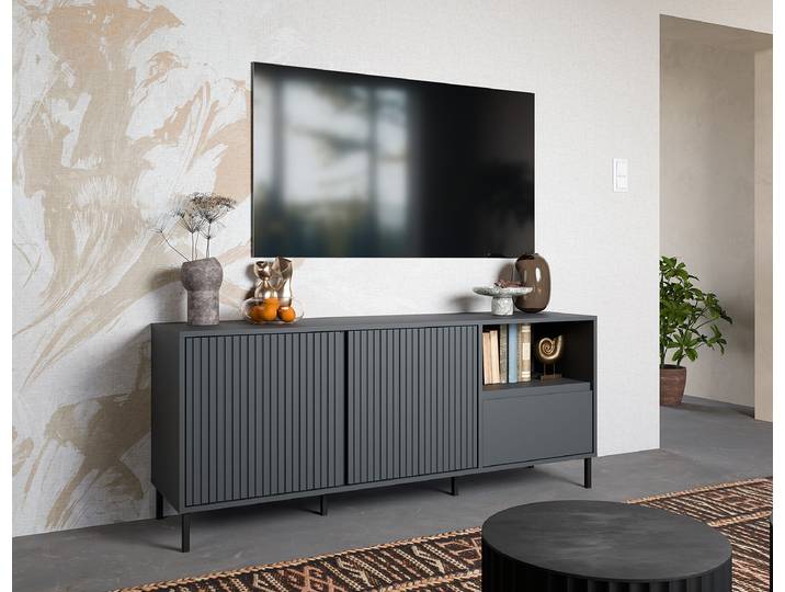 Meuble TV Jitang MDF panneau de fibres de bois à densité moyenne , laqué Gris/Anthracite 158cm
