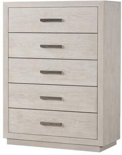 Benjara Kexa Tall Dresser Chest, 5 Drawers, Light Gray Solid Wood, Nickel Metal