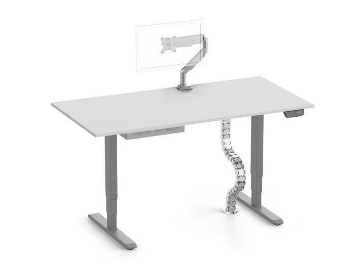 PRIMUS + Slimline Schublade, Kabelschlange & Halter 160x80 Grau Lichtgrau Monitorarm silber