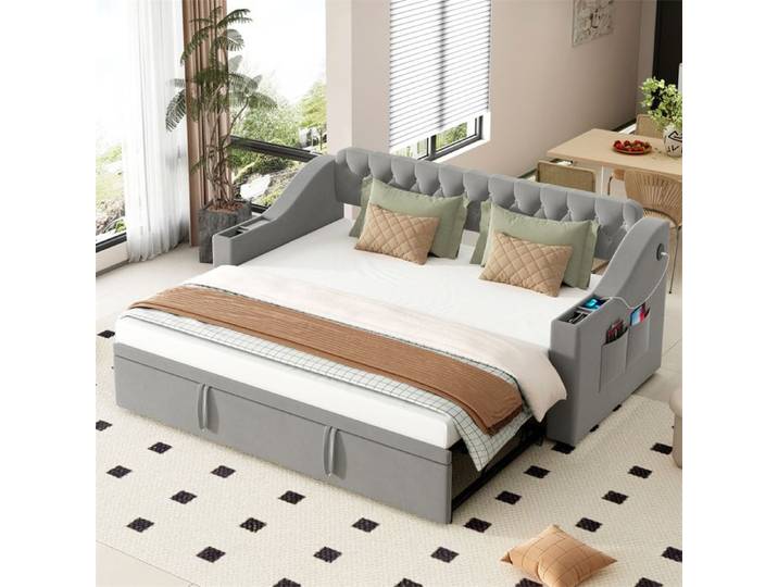 DRIPEX Canapé-lit rembourré en velous 90/180×190 cm Lit avec prise USB poches accoudoirs rangement Gris