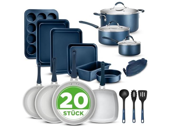 NutriChef Topf- und Pfannenset Induktion 20-teilig Marineblau – Antihaft-Kochgeschirr mit Deckeln und Backformen PFOA-frei, für gesundes Kochen und Backen, für alle Herdarten