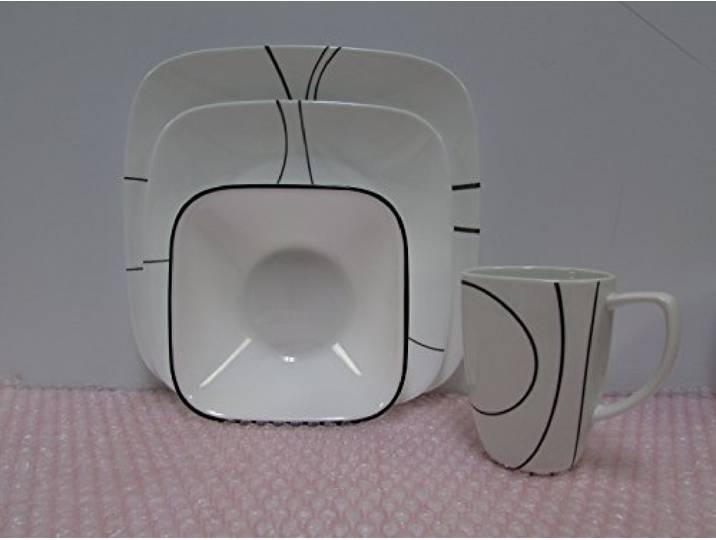Corelle Geschirr-Set Simple Lines aus Vitrelle-Glas für 4 Personen 16-teilig, splitter- und bruchfest, schwarz