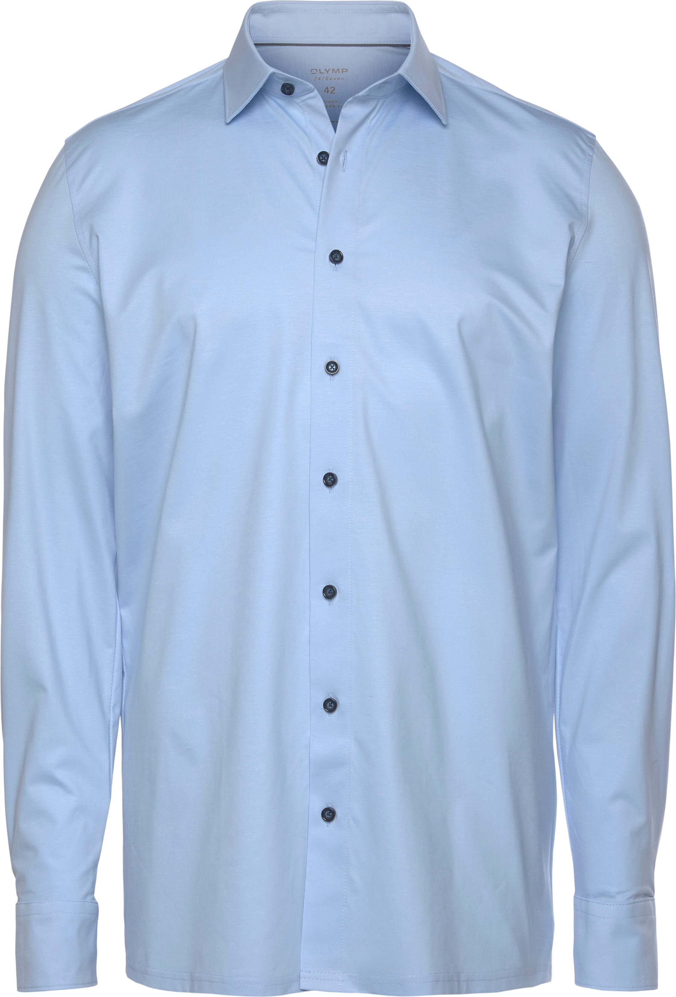 Langarmhemd OLYMP "Luxor 24/Seven modern fit Jerseyshirt", Herren, Gr. 42, N-Gr, blau (hellblau), Jersey, Obermaterial: 92% Baumwolle, 8% Elasthan, Hemden Langarmhemd, mit geruchshemmenden Materialeigenschaften