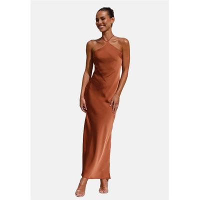 Jerseykleid MODA MINX "Kiki Long Dress", Damen, Gr. S, EURO-Größen, braun, 100% Polyester, unifarben, lang, Neckholder, Kleider Jerseykleid, mit angesagtem Neckholder-Design
