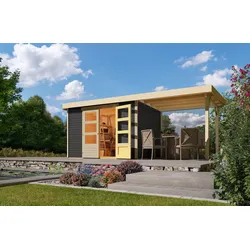 Karibu Gartenhaus Calabar 4 SET in terragrau mit Boden, Anbaudach, Dachfolie