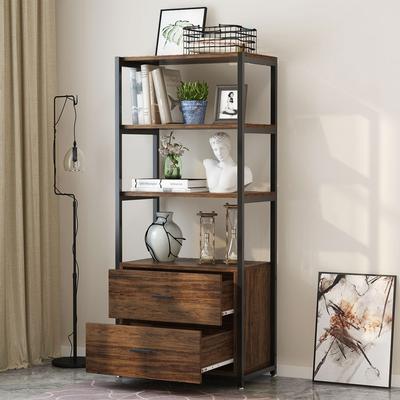 1Easylife Bookcase with 2 Drawers, 4 Tier Display Storage Cabinet
