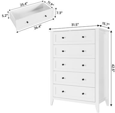 Garvee "48"" 5 Drawers Dresser,Tall Black Chests of Drawers with Storage"