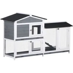 PawHut Hasenstall Kaninchenstall mit Freilaufgehege Rampe Kleintierstall aus Holz Grau