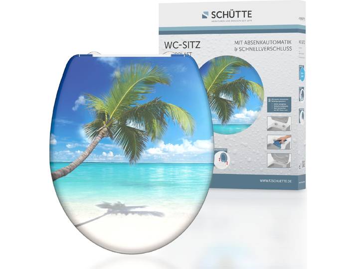 SCHÜTTE WC Sitz CARRIBEAN, Duroplast Toilettendeckel mit Absenkautomatik und Schnellverschluss, Klobrille mit Motivdruck